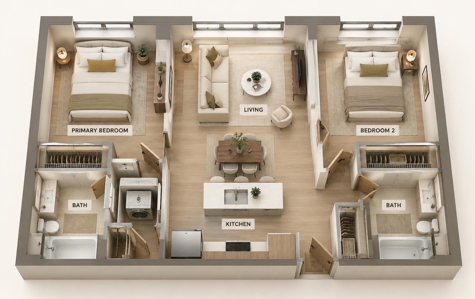 Furnished 3D floor plan of the Cypress two-bedroom apartment